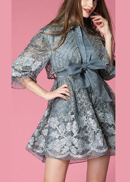 Grey Organza Patchwork Hollow Out Bow Waist Fall Half Sleeve Coat