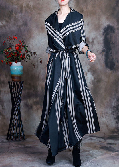 Grey Tie Waist Peter Pan Collar Striped Cotton Trench Spring