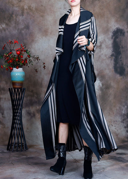 Grey Tie Waist Peter Pan Collar Striped Cotton Trench Spring
