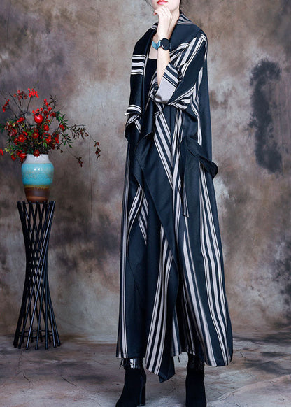 Grey Tie Waist Peter Pan Collar Striped Cotton Trench Spring