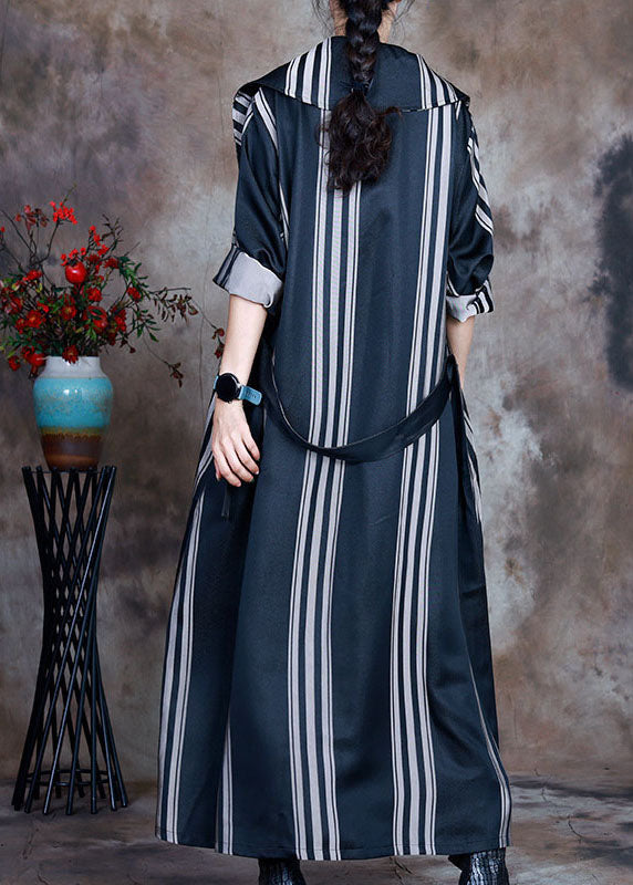 Grey Tie Waist Peter Pan Collar Striped Cotton Trench Spring