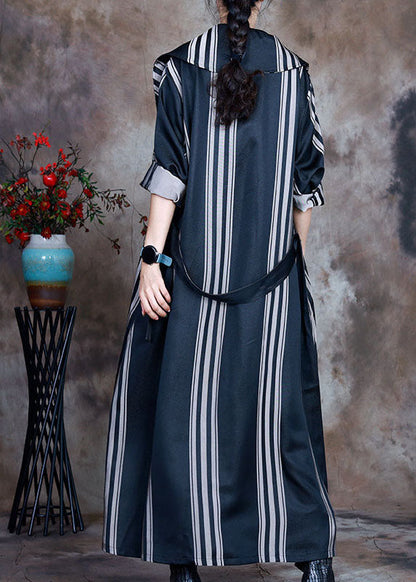 Grey Tie Waist Peter Pan Collar Striped Cotton Trench Spring