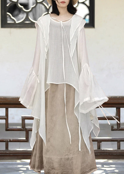 Fashion Khaki Asymmetrical Lace Up Cotton UPF 50+ Shirt Flare Sleeve