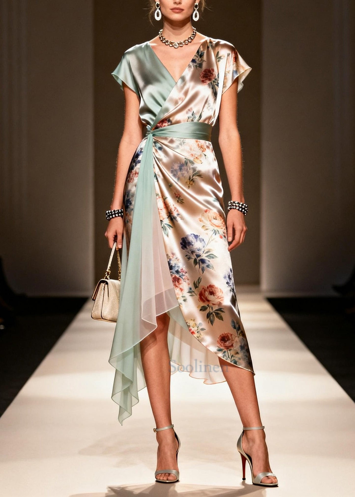 Khaki Asymmetrical Print Chiffon Maxi Dress Summer