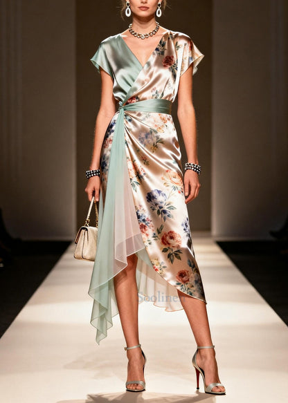 Khaki Asymmetrical Print Chiffon Maxi Dress Summer