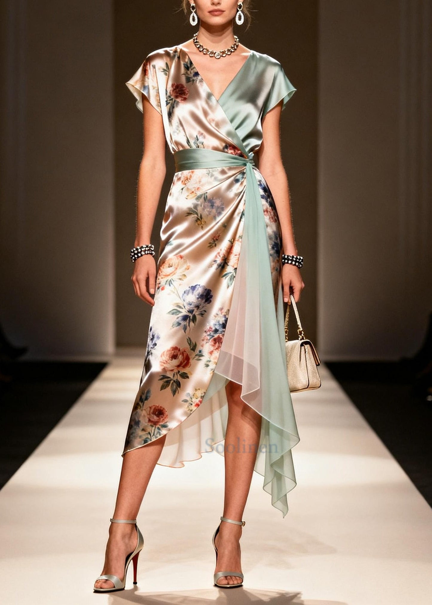 Khaki Asymmetrical Print Chiffon Maxi Dress Summer