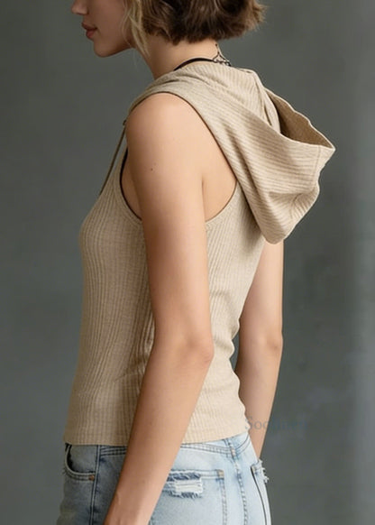 Khaki Cotton Knit Hooded Blouses Sleeveless