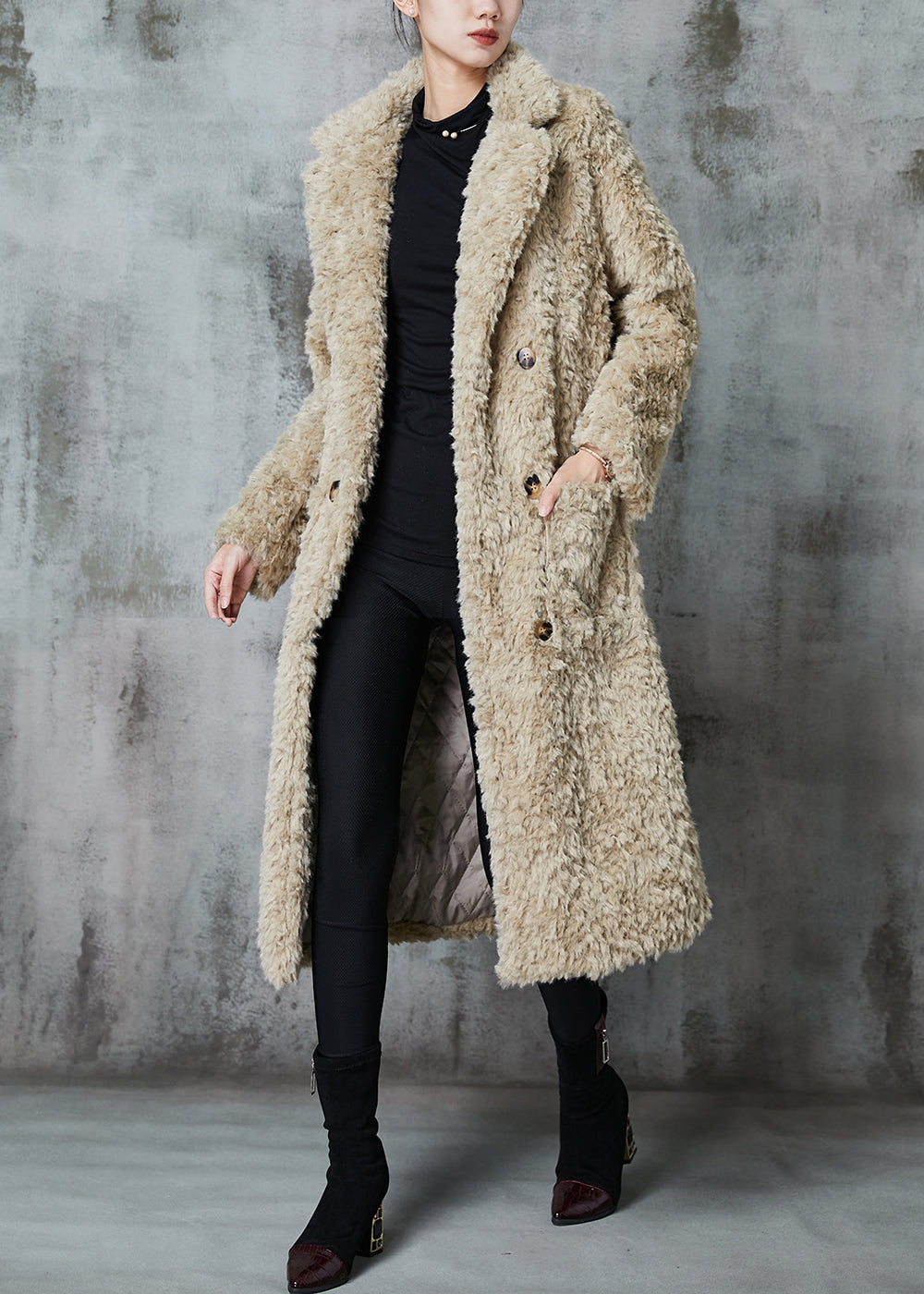 Khaki Double Breast Thick Fuzzy Fur Fluffy Coats Winter