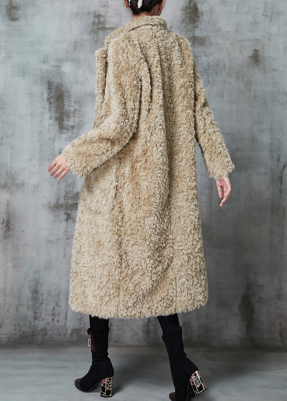Khaki Double Breast Thick Fuzzy Fur Fluffy Coats Winter