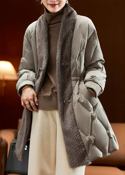 Khaki Green Drawstring Patchwork Duck Down Coat Winter
