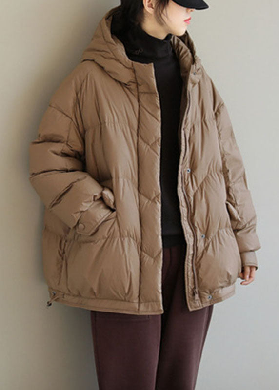 Khaki Hooded Zippered Pockets Winter Down Coat Long Sleeve