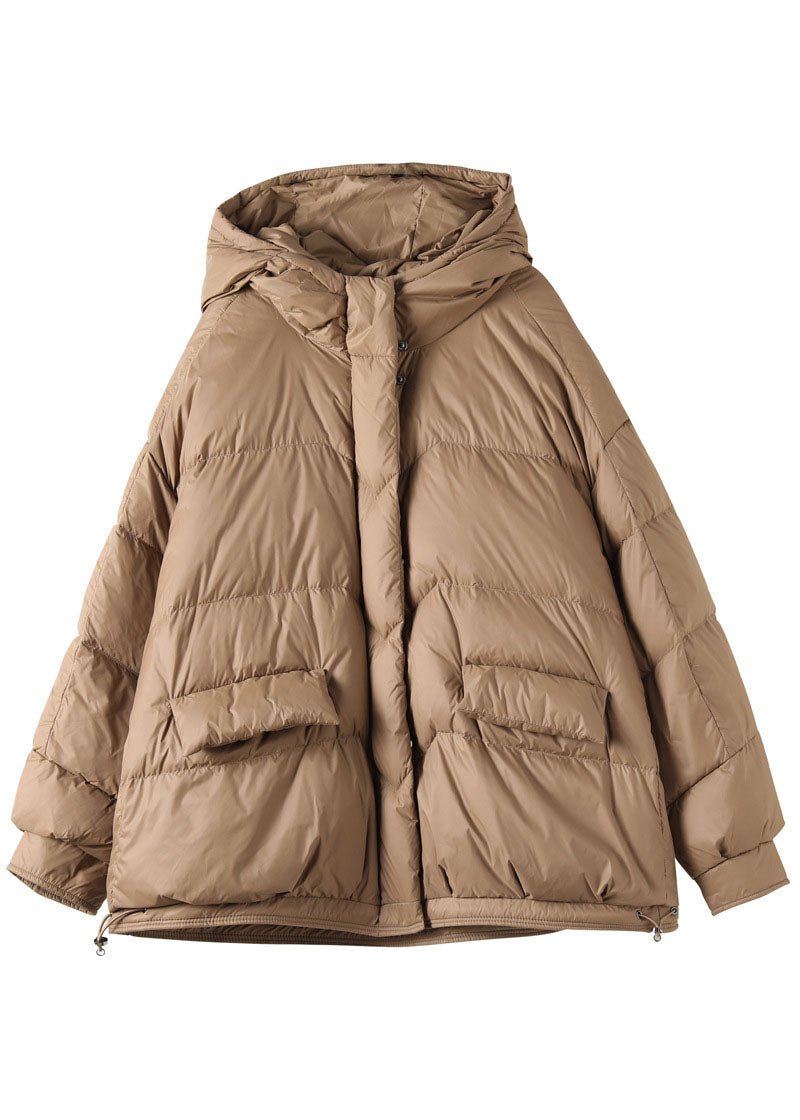 Khaki Hooded Zippered Pockets Winter Down Coat Long Sleeve