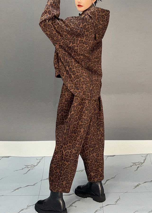 Khaki Leopard Warm Fleece Hooded Coats and Harem Pants Two Pieces Set Winter