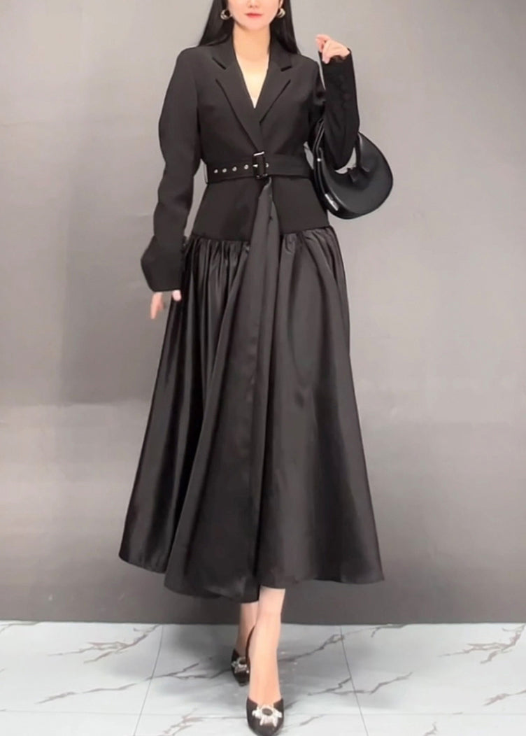 Khaki Notched Patchwork Sashes Long Trench Coats Spring