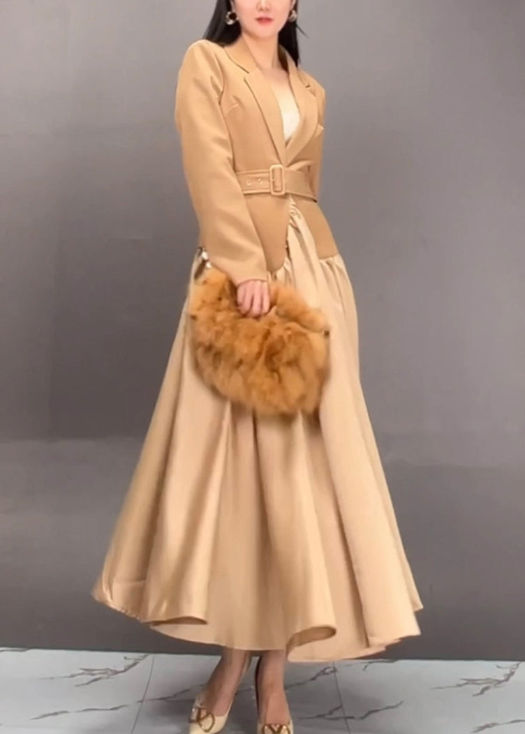 Khaki Notched Patchwork Sashes Long Trench Coats Spring