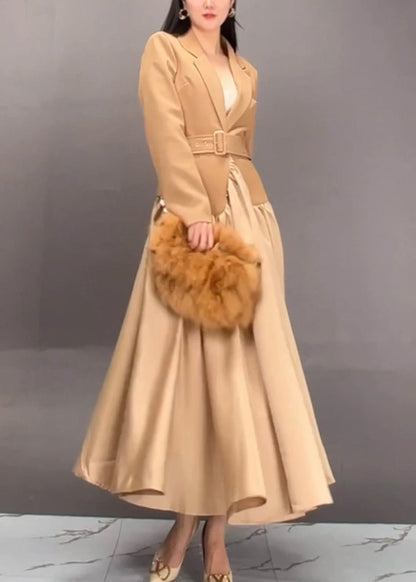 Khaki Notched Patchwork Sashes Long Trench Coats Spring