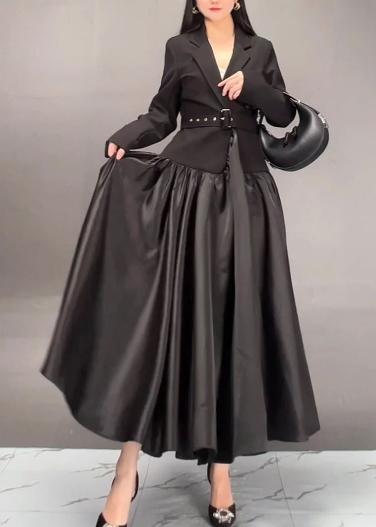 Khaki Notched Patchwork Sashes Long Trench Coats Spring