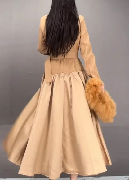 Khaki Notched Patchwork Sashes Long Trench Coats Spring