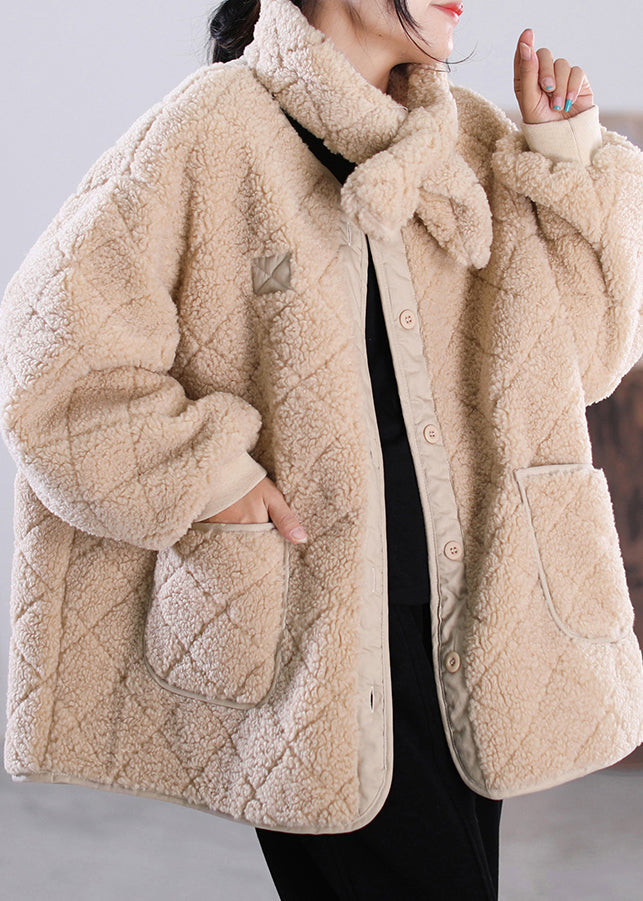 Khaki O-neck Button Pockets Faux Fur Coat Winter