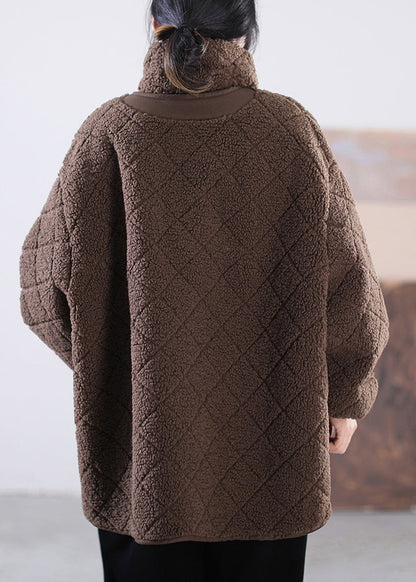 Khaki O-neck Button Pockets Faux Fur Coat Winter