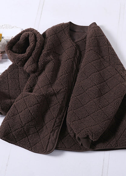 Khaki O-neck Button Pockets Faux Fur Coat Winter