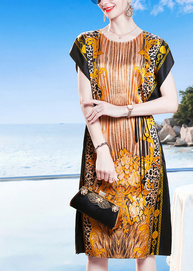 Khaki O-neck Print Side Open Sashes Silk Robe Dresses Short Sleeve