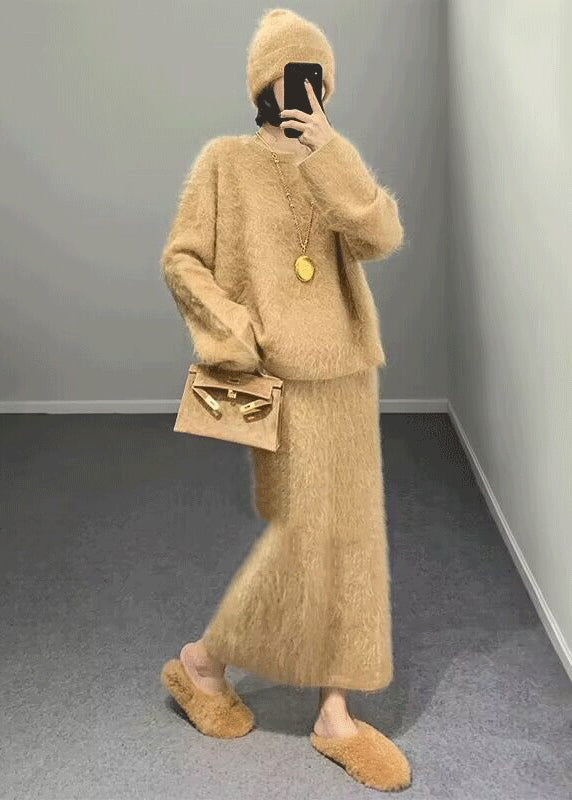 Khaki O Neck Woolen Two Piece Set Outfits Spring