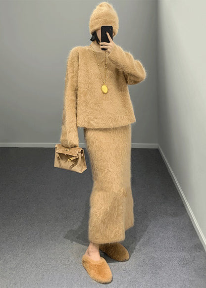 Khaki O Neck Woolen Two Piece Set Outfits Spring
