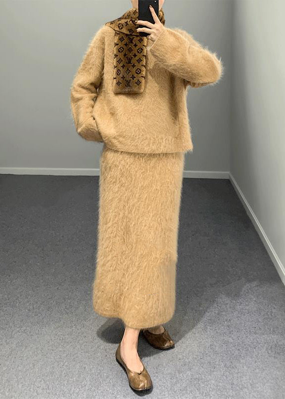 Khaki O Neck Woolen Two Piece Set Outfits Spring