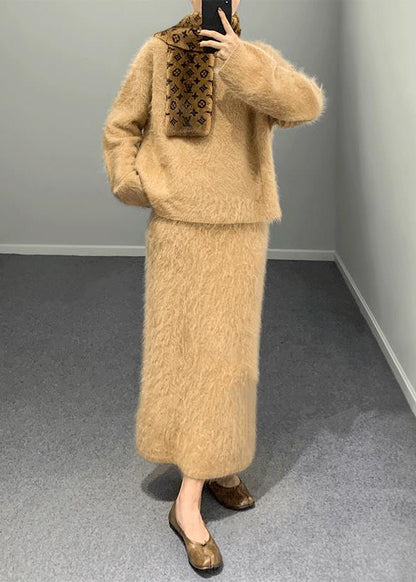 Khaki O Neck Woolen Two Piece Set Outfits Spring