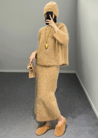 Khaki O Neck Woolen Two Piece Set Outfits Spring