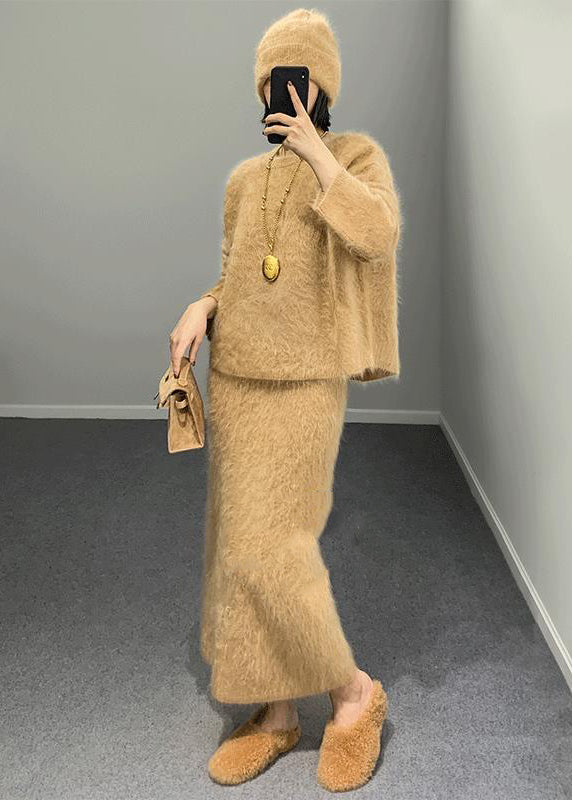 Khaki O Neck Woolen Two Piece Set Outfits Spring