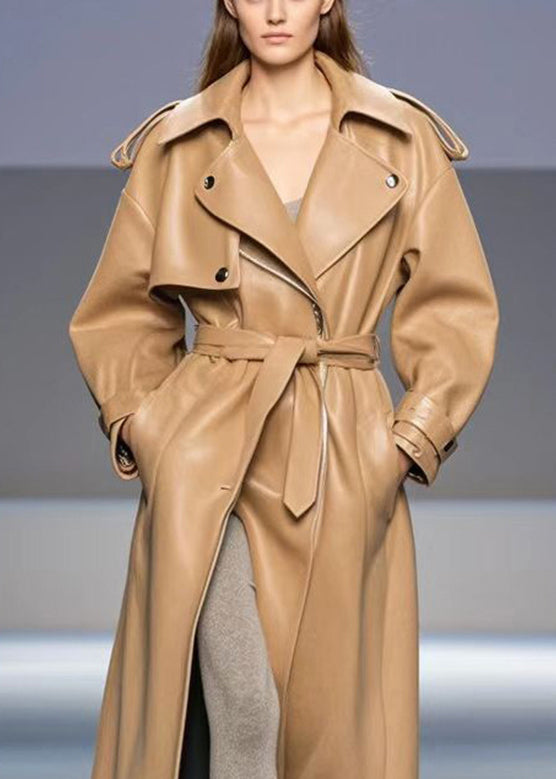 Khaki Oversized Faux Leather Trench Coats Fall