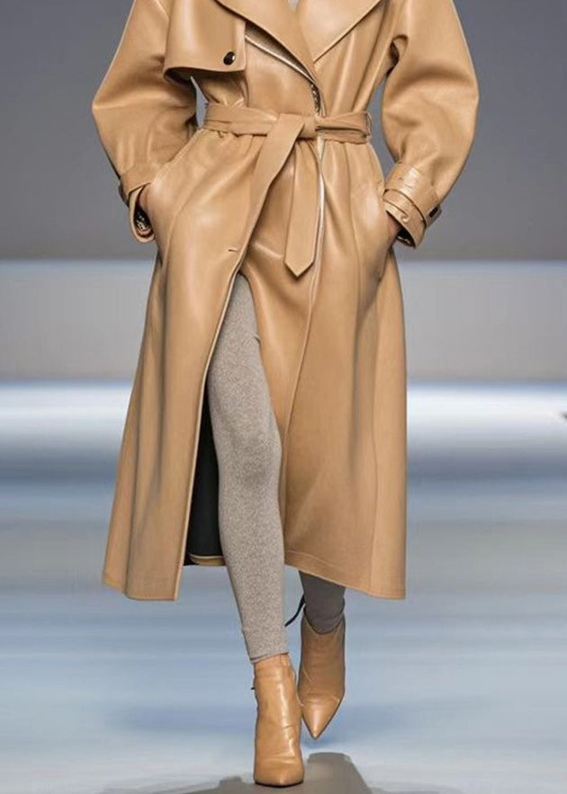 Khaki Oversized Faux Leather Trench Coats Fall