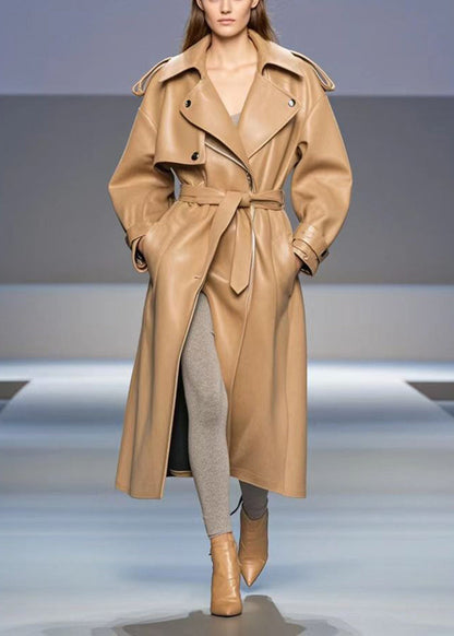 Khaki Oversized Faux Leather Trench Coats Fall