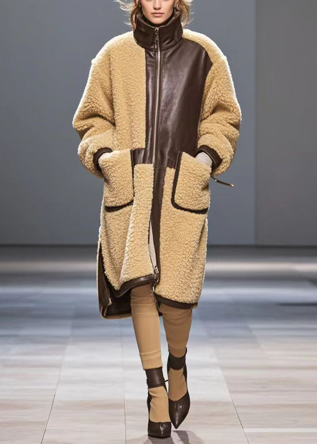 Khaki Oversized Patchwork Warm Wool Coats Winter