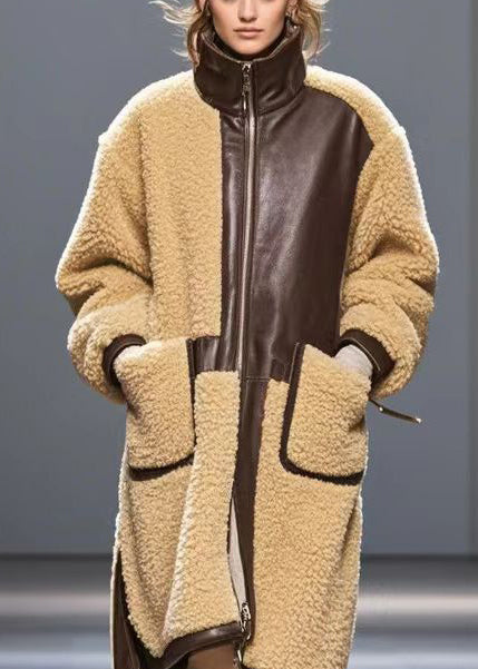 Khaki Oversized Patchwork Warm Wool Coats Winter