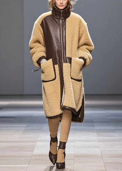Khaki Oversized Patchwork Warm Wool Coats Winter