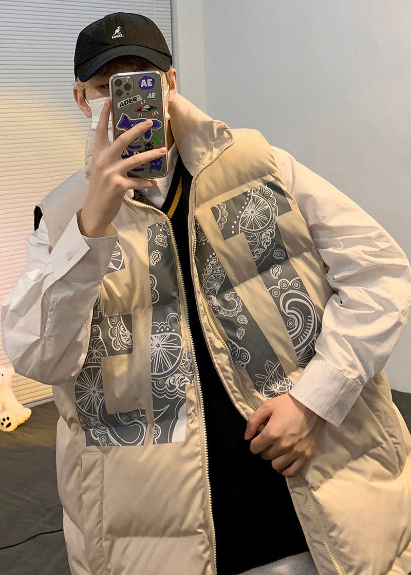 Khaki Oversized Print Fine Cotton Filled Puffers Vests Winter