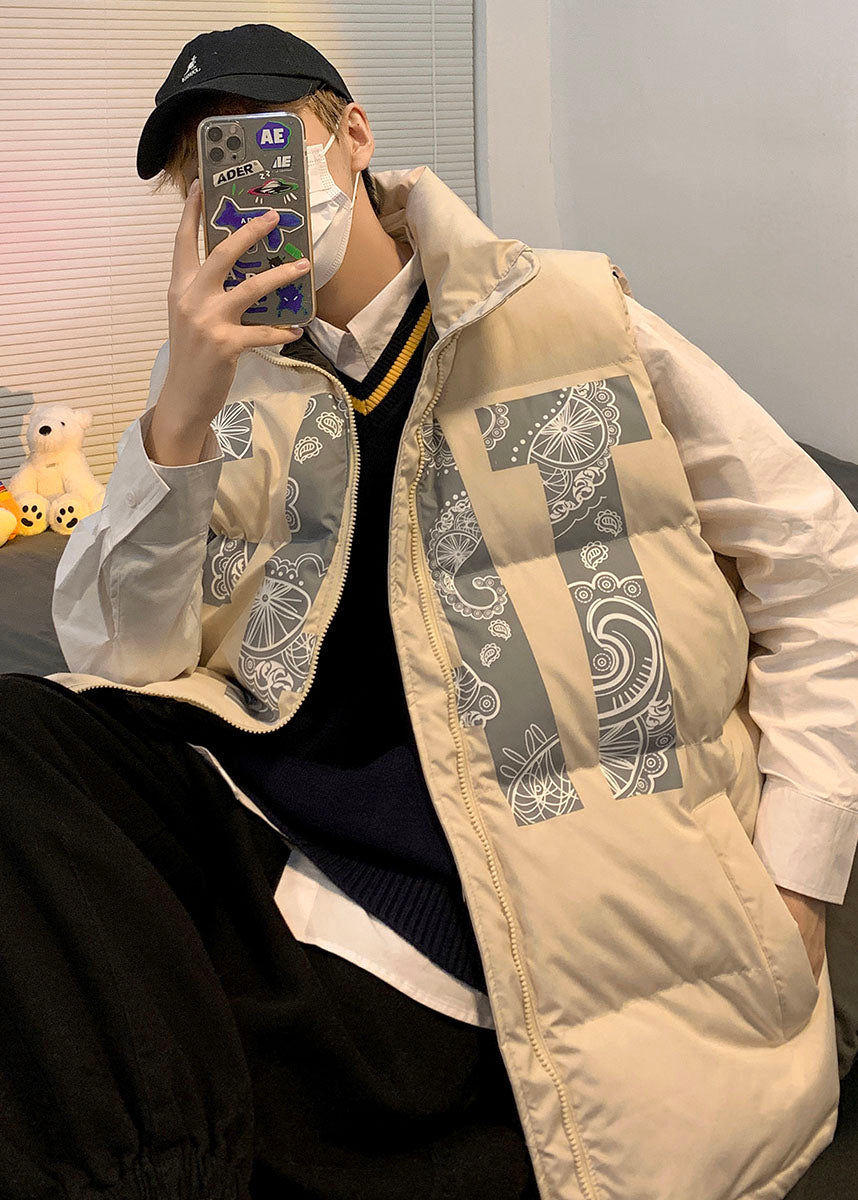 Khaki Oversized Print Fine Cotton Filled Puffers Vests Winter