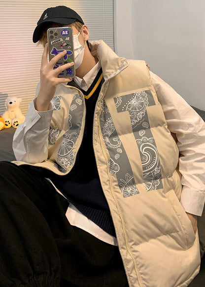 Khaki Oversized Print Fine Cotton Filled Puffers Vests Winter