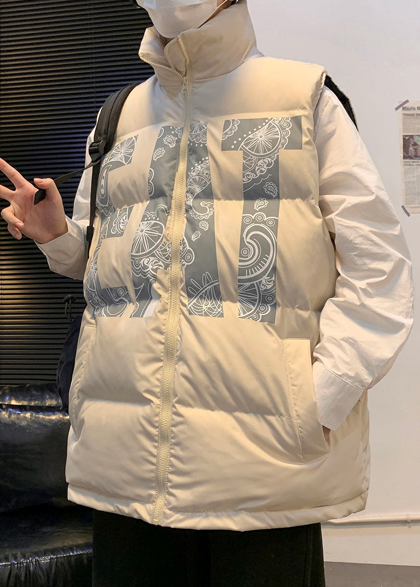 Khaki Oversized Print Fine Cotton Filled Puffers Vests Winter