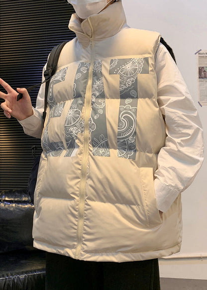 Khaki Oversized Print Fine Cotton Filled Puffers Vests Winter