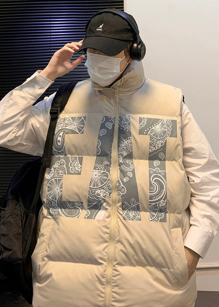 Khaki Oversized Print Fine Cotton Filled Puffers Vests Winter