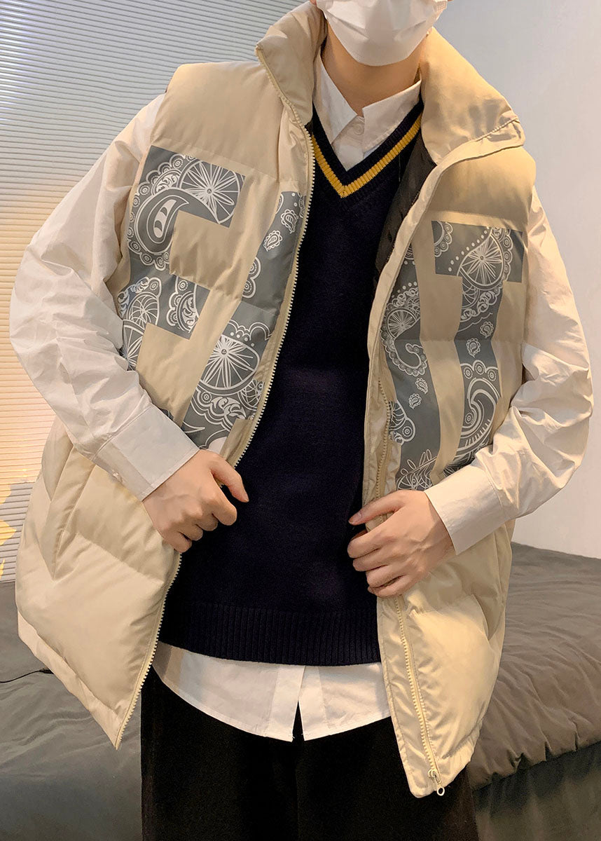 Khaki Oversized Print Fine Cotton Filled Puffers Vests Winter