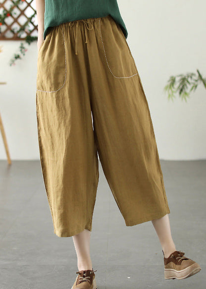 Khaki Patchwork Elastic Waist Tie Waist Crop Pants Summer