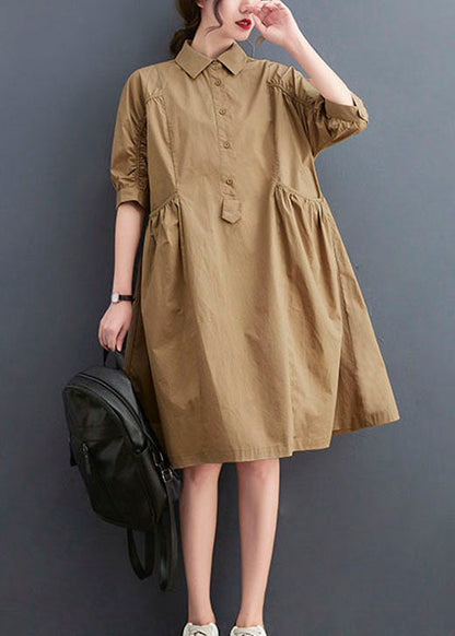 Khaki Peter Pan Collar Button Cotton Dresses Half Sleeve