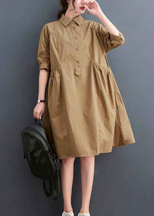 Khaki Peter Pan Collar Button Cotton Dresses Half Sleeve