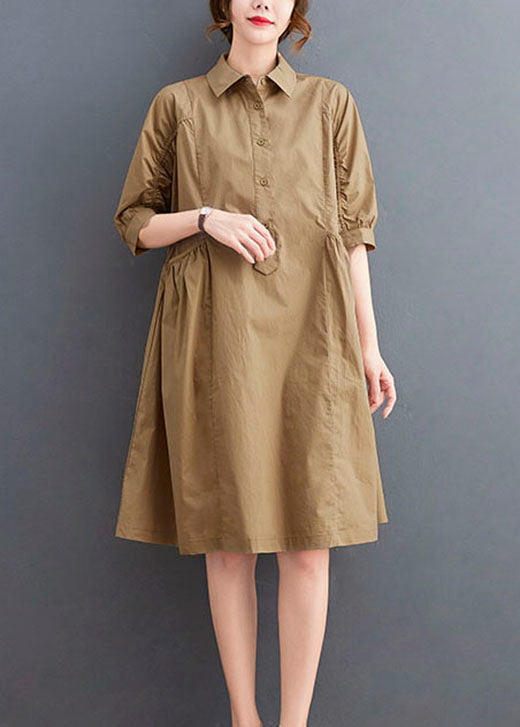 Khaki Peter Pan Collar Button Cotton Dresses Half Sleeve