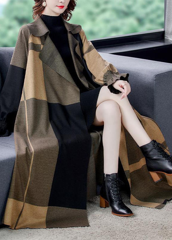 Khaki Peter Pan Collar Pockets Plaid Spandex Coat Outwear Long Sleeve